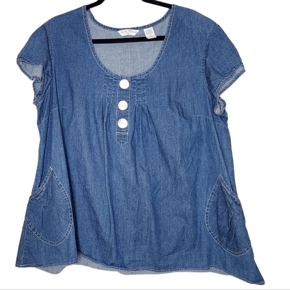 Quizz Woman Trends Blue Cotton Chambray Short Sleeve Top Pockets Size 20 2X
